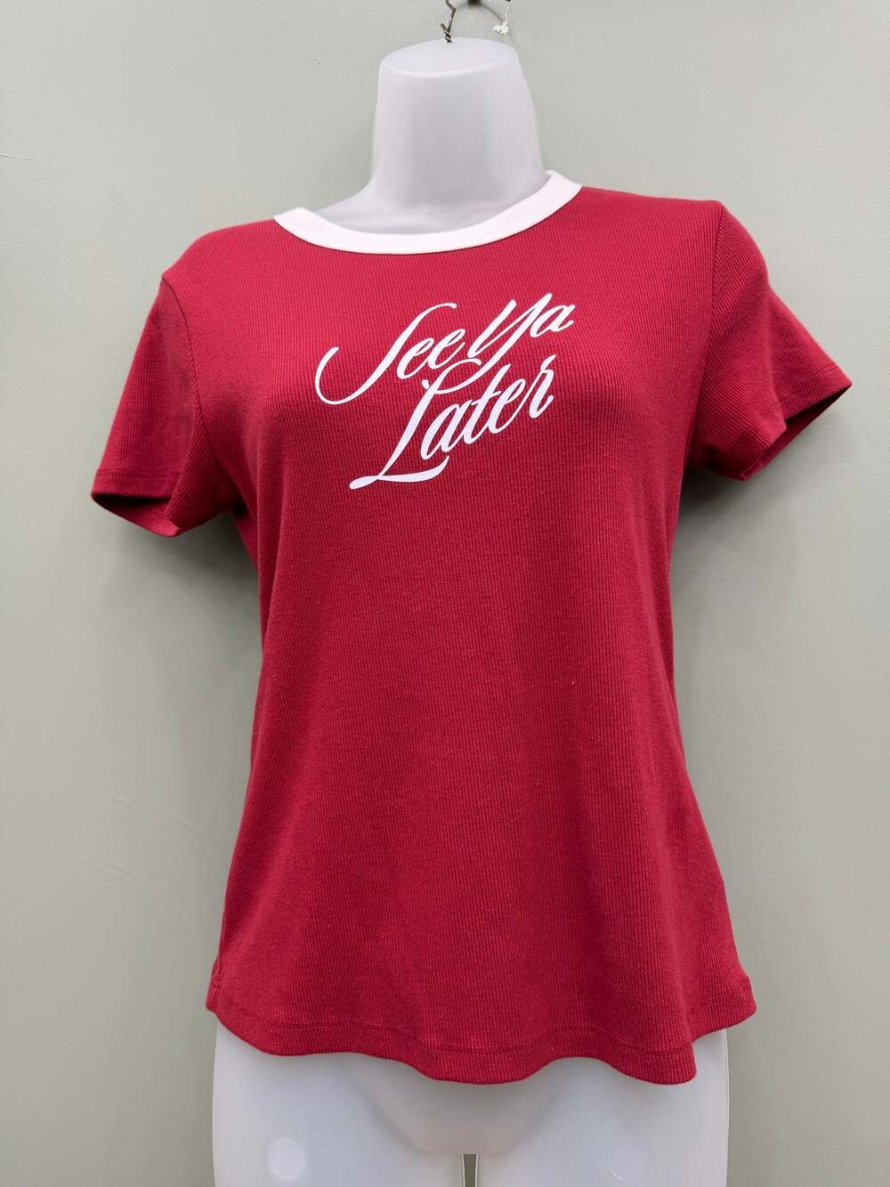 Old Navy See Ya Later Graphic Baby Tee Medium Red White Ringer Y2K